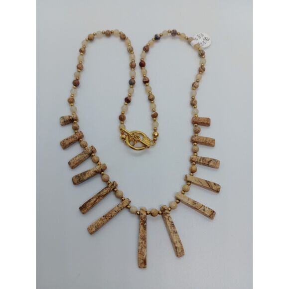 Natural Stone Jasper Quartz Gold Tone Beaded Bib 20" Toggle Clasp Necklace - Picture 2 of 6